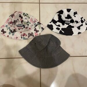 Bundle of 3 Bucket Hats – Petals and Peacocks + Solid Gray